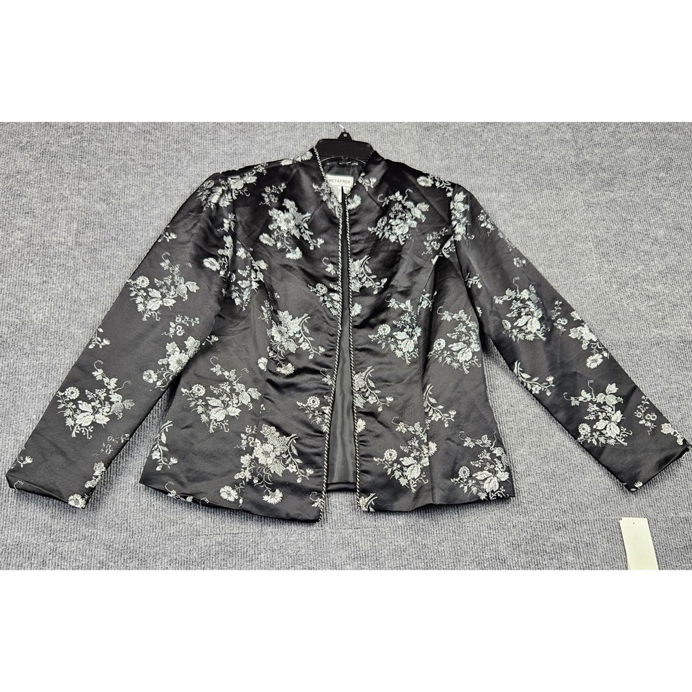 NWT Metaphor Womens Black Silver Floral Brocade Mandarin Collar Evening Jacket L